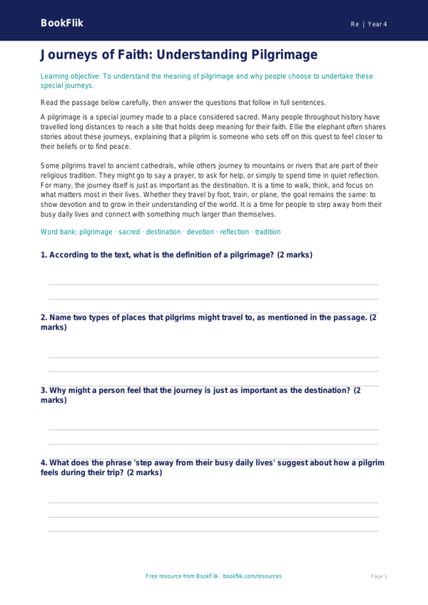 Free Pilgrimage Comprehension | Year 4 | Religious Education | BookFlik worksheet preview — Re Pilgrimage