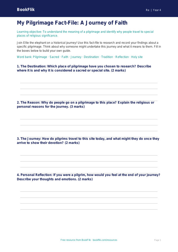 Free Pilgrimage Template | Year 4 | Religious Education | BookFlik worksheet preview — Re Pilgrimage
