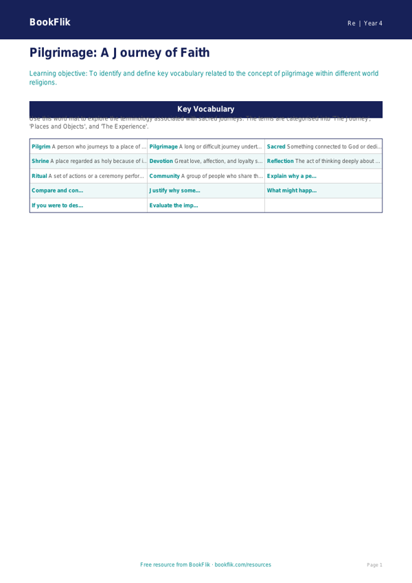 Free Pilgrimage Word Mat | Year 4 | Religious Education | BookFlik worksheet preview — Re Pilgrimage