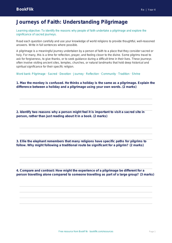 Year 4 Pilgrimage Worksheet | Religious Education | BookFlik worksheet preview — Re Pilgrimage