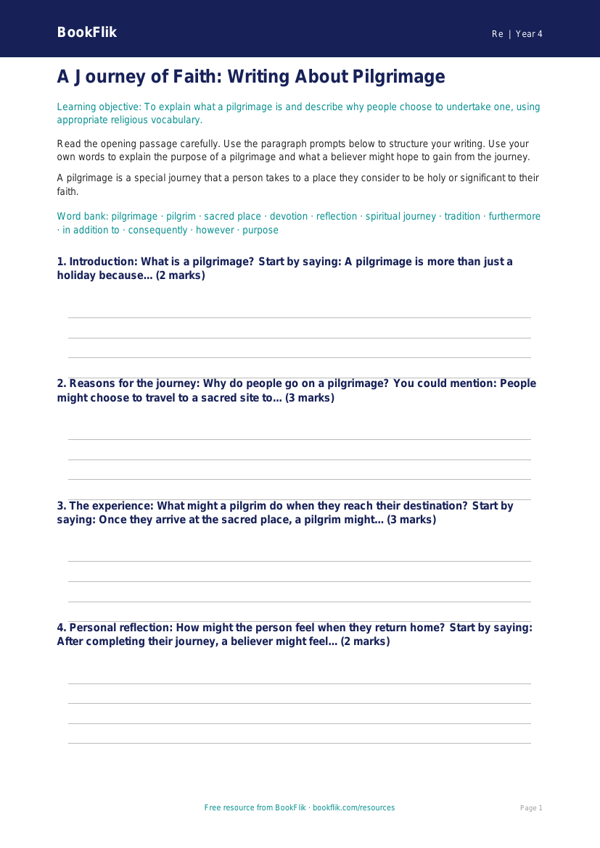 Free Pilgrimage Writing Frame | Year 4 | Religious Education | BookFlik worksheet preview — Re Pilgrimage