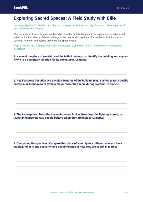Free Places Of Worship Template | Year 4 | Religious Education | BookFlik worksheet preview — Re Places Of Worship