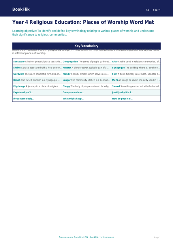 Free Places Of Worship Word Mat | Year 4 | Religious Education | BookFlik worksheet preview — Re Places Of Worship