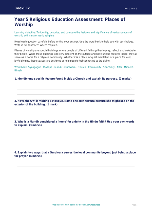 Free Places Of Worship Assessment | Year 5 | Religious Education | BookFlik worksheet preview — Re Places Of Worship