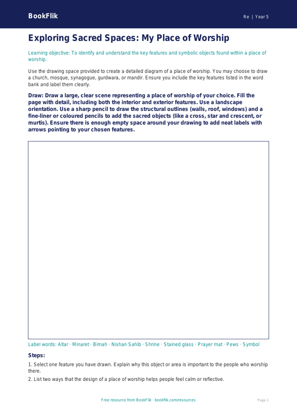 Free Places Of Worship Drawing Sheet | Year 5 | Religious Education | BookFlik worksheet preview — Re Places Of Worship