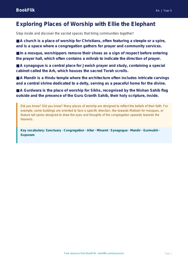 Free Places Of Worship Poster | Year 5 | Religious Education | BookFlik worksheet preview — Re Places Of Worship