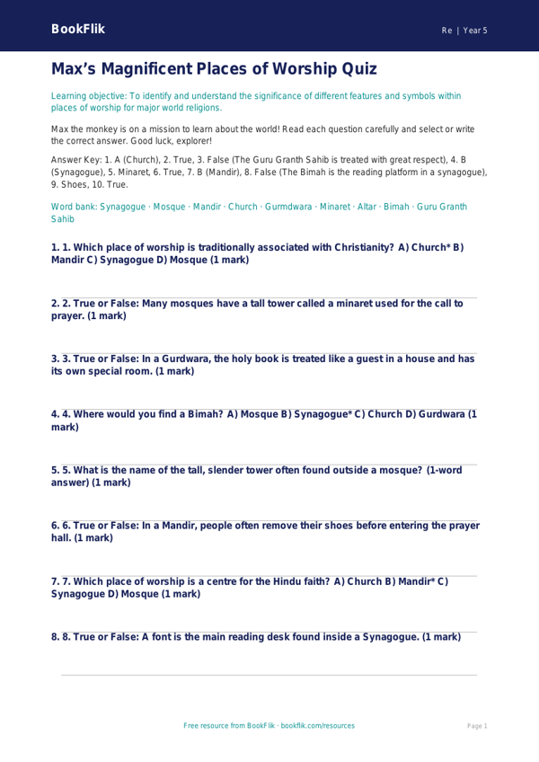 Free Places Of Worship Quiz | Year 5 | Religious Education | BookFlik worksheet preview — Re Places Of Worship