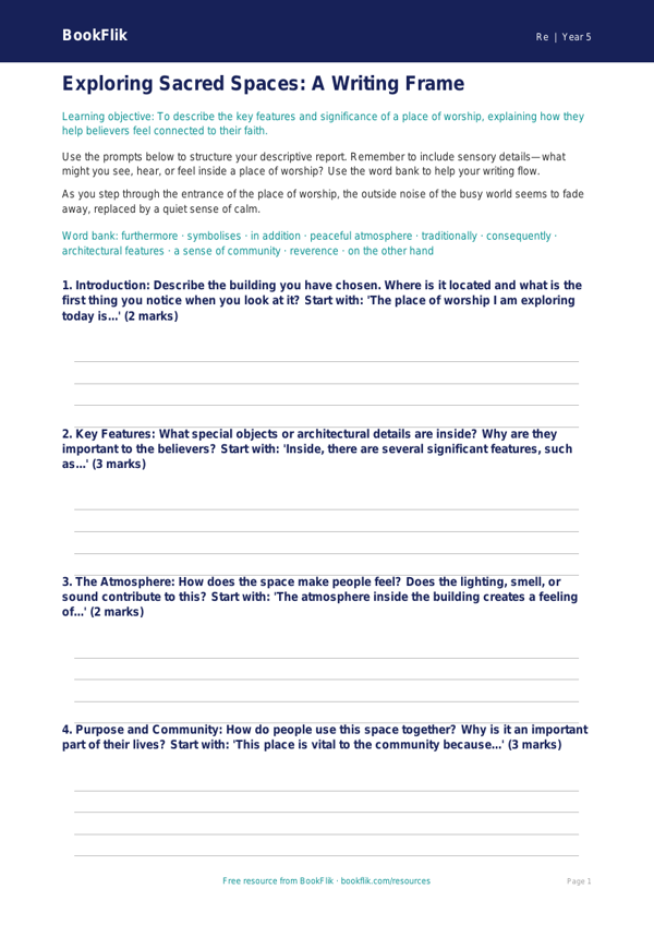 Free Places Of Worship Writing Frame | Year 5 | Religious Education | BookFlik worksheet preview — Re Places Of Worship