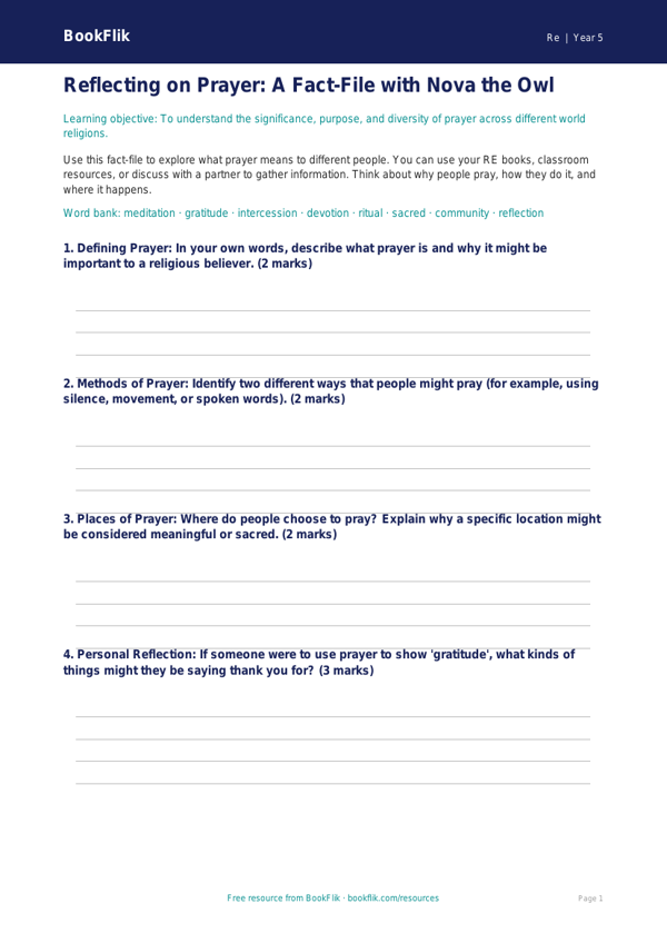 Year 5 Prayer Template | Religious Education Resource | BookFlik worksheet preview — Re Prayer