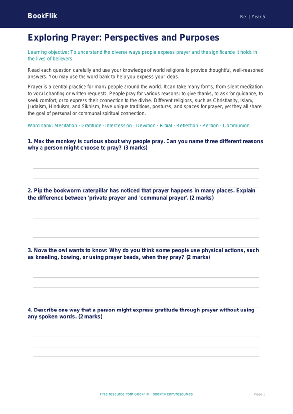 Year 5 Prayer Worksheet | Religious Education Resources | BookFlik worksheet preview — Re Prayer