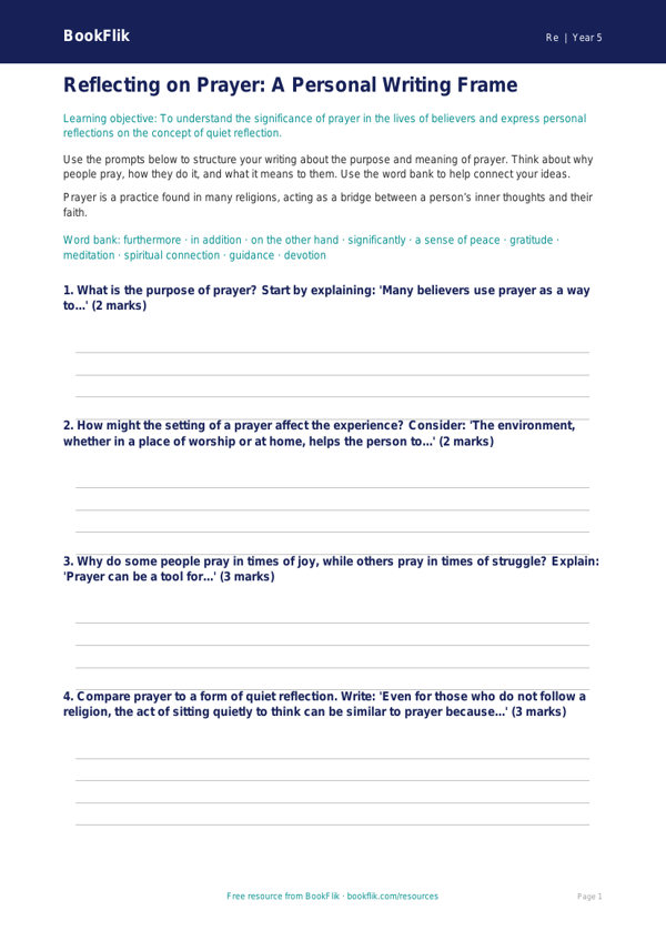 Free Prayer Writing Frame | Year 5 | Religious Education | BookFlik worksheet preview — Re Prayer