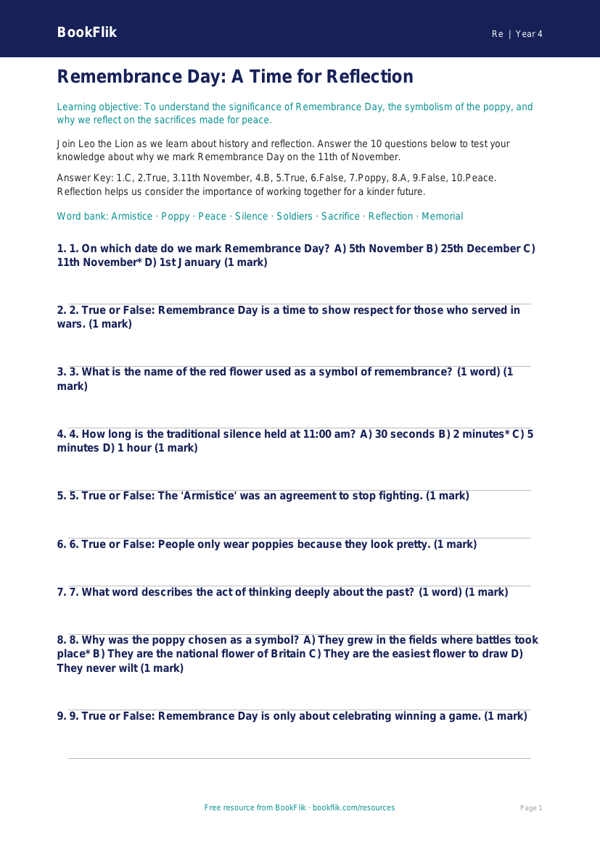 Free Remembrance Day Quiz | Year 4 | Religious Education | BookFlik worksheet preview — Re Remembrance Day