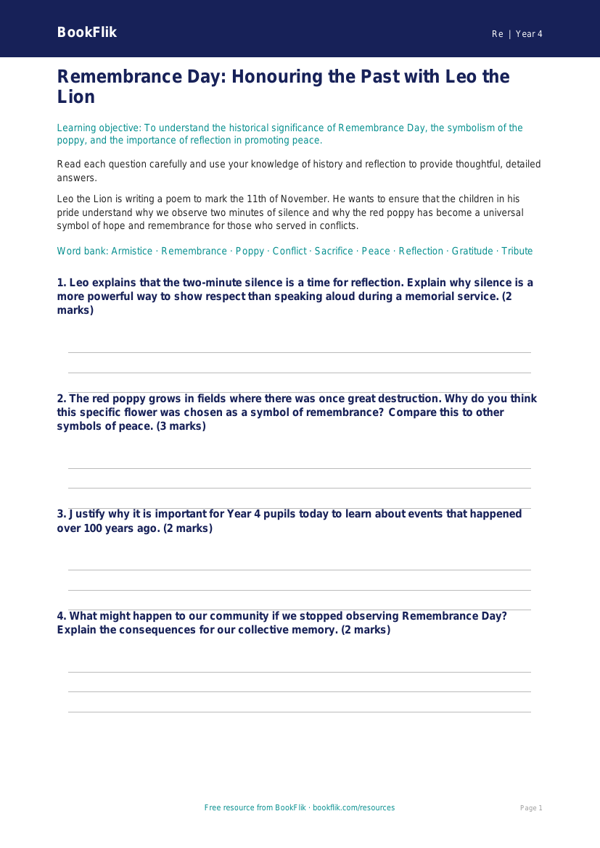 Remembrance Day Worksheet Year 4 | Religious Education | BookFlik worksheet preview — Re Remembrance Day