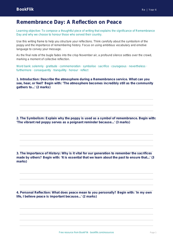 Remembrance Day Writing Frame | Year 4 Religious Education | BookFlik worksheet preview — Re Remembrance Day