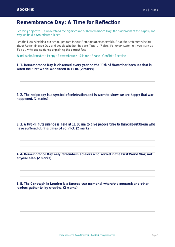 Remembrance Day Activity Sheet for Year 5 | Australian Curriculum | BookFlik worksheet preview — Re Remembrance Day