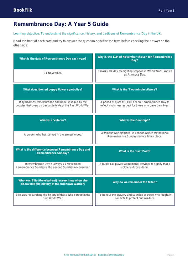 Remembrance Day Lesson: Year 5 History & Values | BookFlik worksheet preview — Re Remembrance Day