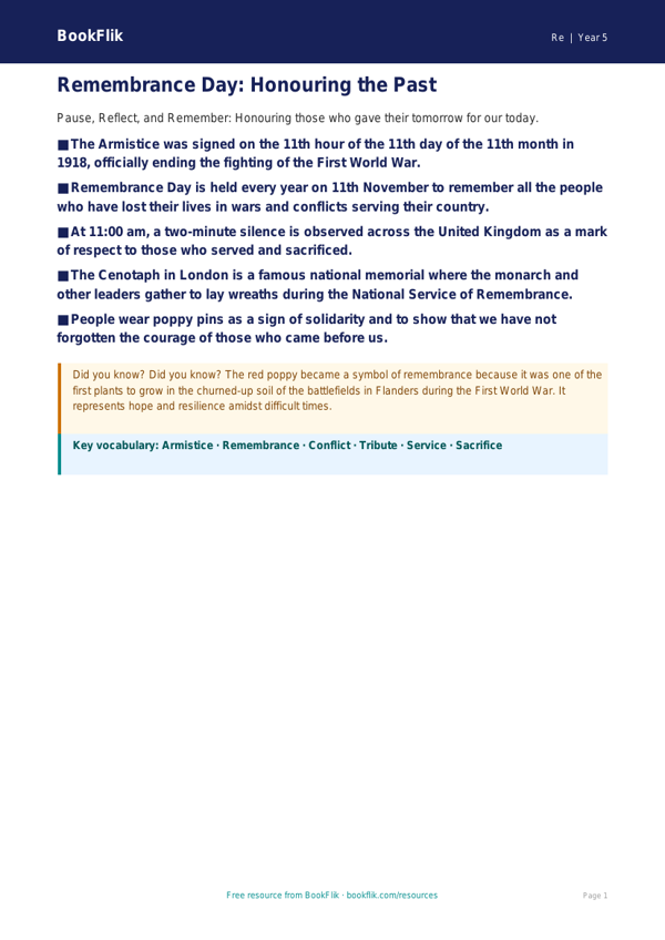 Free Remembrance Day Poster | Year 5 | Religious Education | BookFlik worksheet preview — Re Remembrance Day