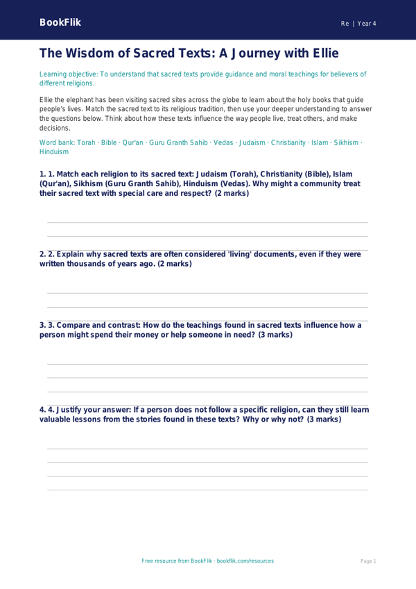 Sacred Texts Activity Sheet | Year 4 Religious Education | BookFlik worksheet preview — Re Sacred Texts