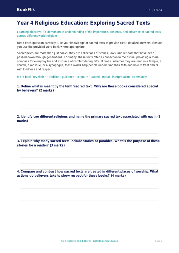 Sacred Texts Assessment Year 4 | Religious Education | BookFlik worksheet preview — Re Sacred Texts