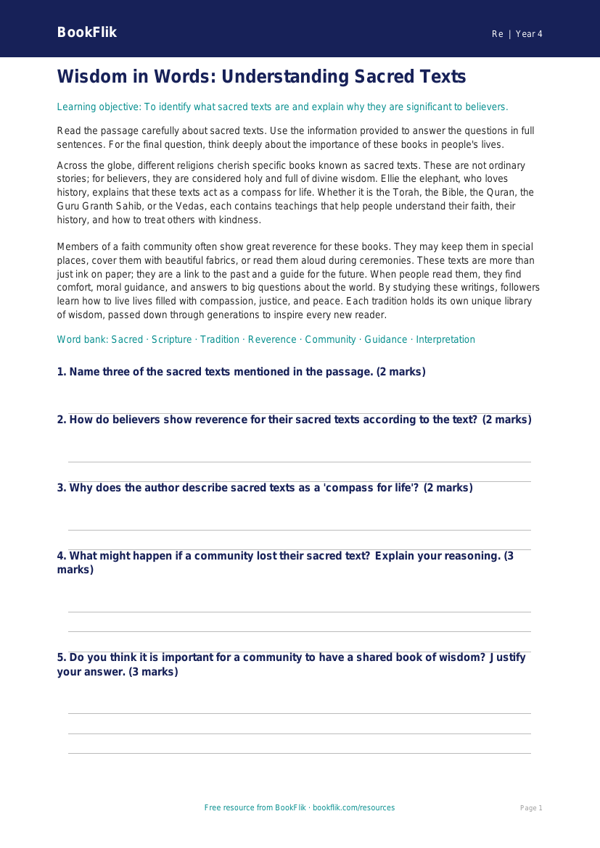 Sacred Texts Comprehension Year 4 | Religious Education | BookFlik worksheet preview — Re Sacred Texts