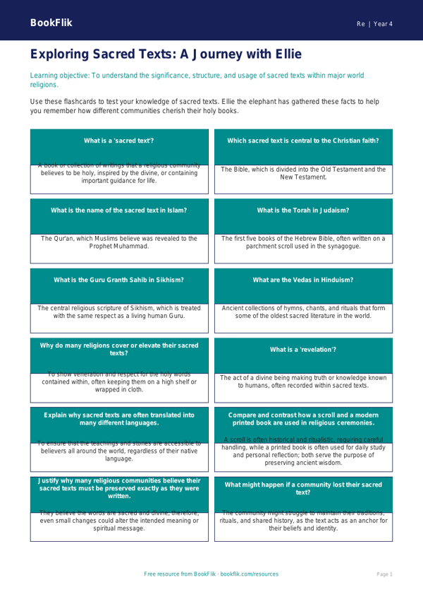Sacred Texts Flashcards for Year 4 | Religious Education Resources worksheet preview — Re Sacred Texts