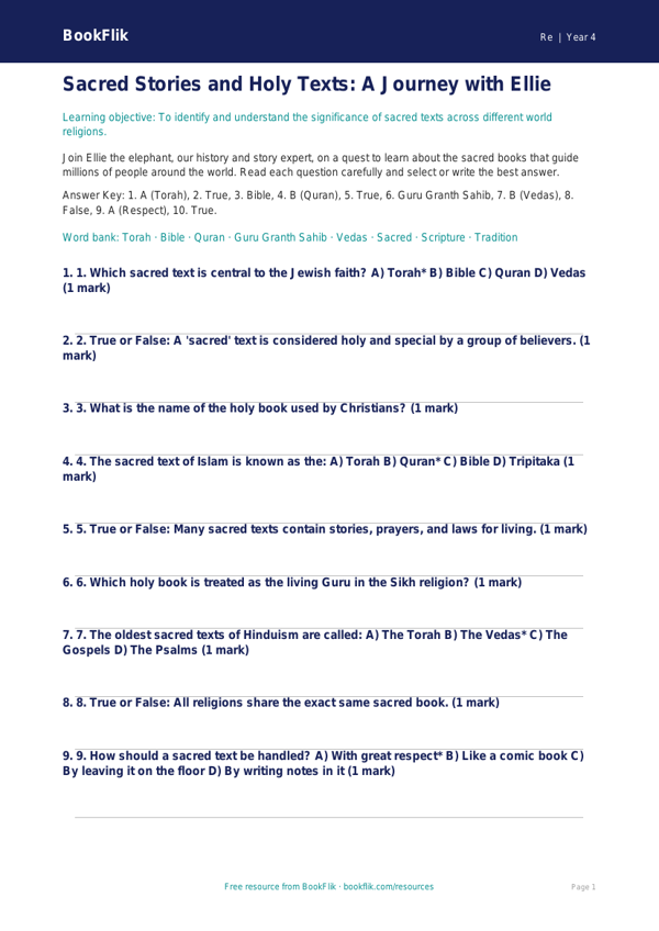 Sacred Texts Quiz: Year 4 Religious Education | BookFlik worksheet preview — Re Sacred Texts