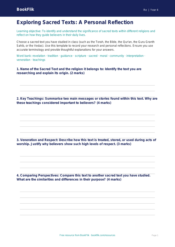 Sacred Texts Exploration: Year 4 Religious Education Resource | BookFlik worksheet preview — Re Sacred Texts