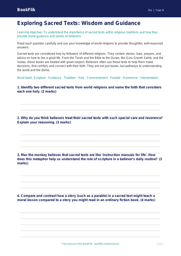 Sacred Texts Worksheet | Year 4 Religious Education | BookFlik worksheet preview — Re Sacred Texts