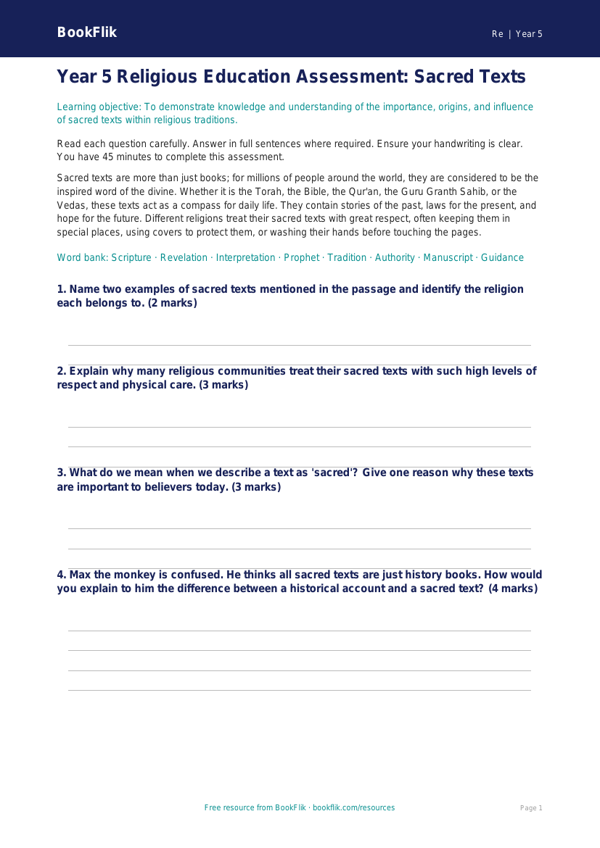 Sacred Texts Assessment Year 5 | Religious Education | BookFlik worksheet preview — Re Sacred Texts