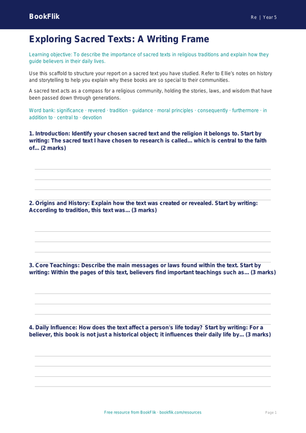 Sacred Texts Writing Frame | Year 5 Religious Education | BookFlik worksheet preview — Re Sacred Texts