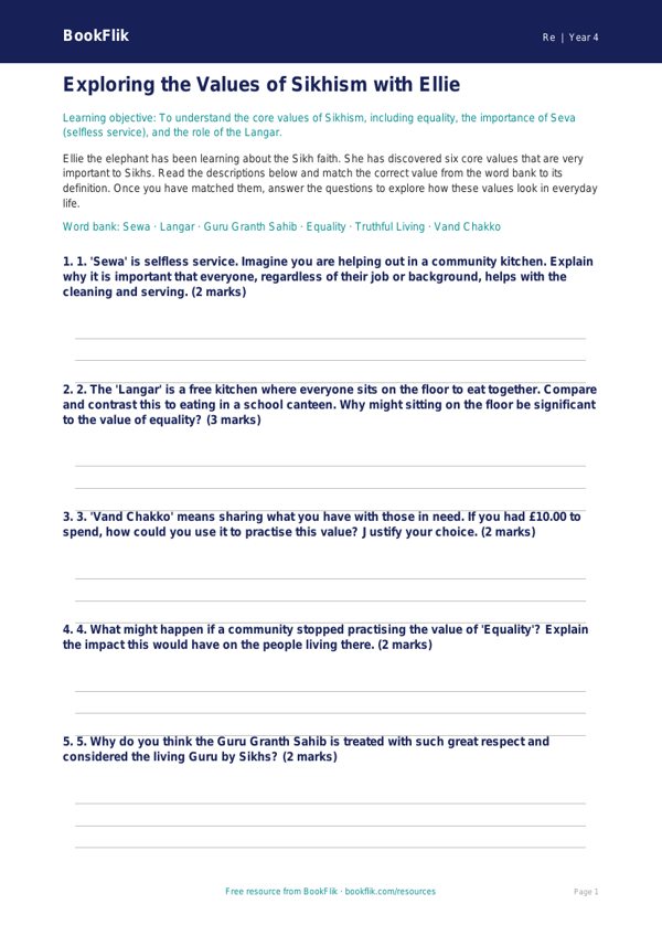 Free Sikhism Activity Sheet | Year 4 | Religious Education | BookFlik worksheet preview — Re Sikhism