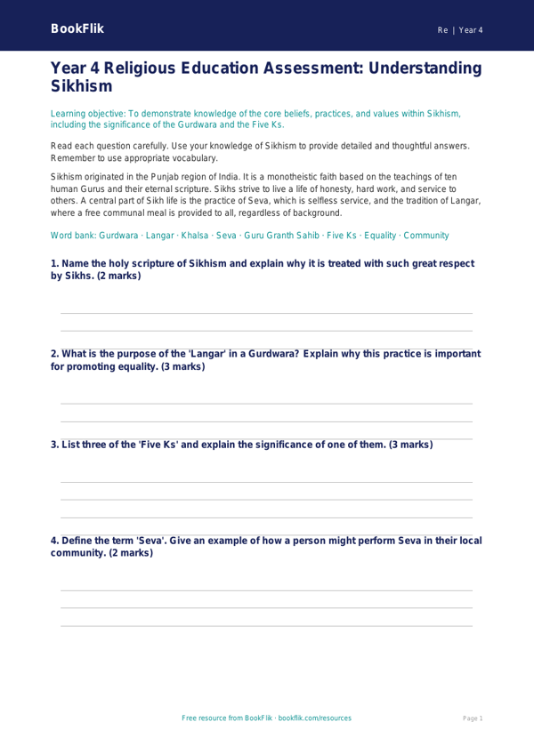 Sikhism Assessment for Year 4 | Australian Curriculum | BookFlik worksheet preview — Re Sikhism