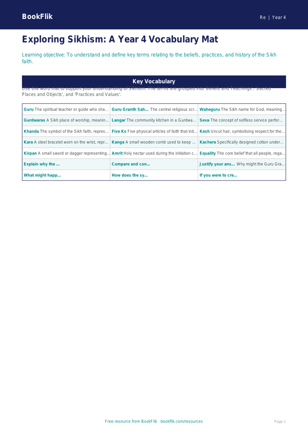 Sikhism Word Mat for Year 4 | Religious Education Resources | BookFlik worksheet preview — Re Sikhism