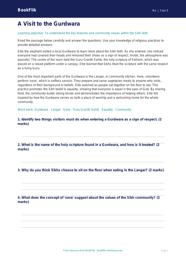 Free Sikhism Comprehension | Year 5 | Religious Education | BookFlik worksheet preview — Re Sikhism