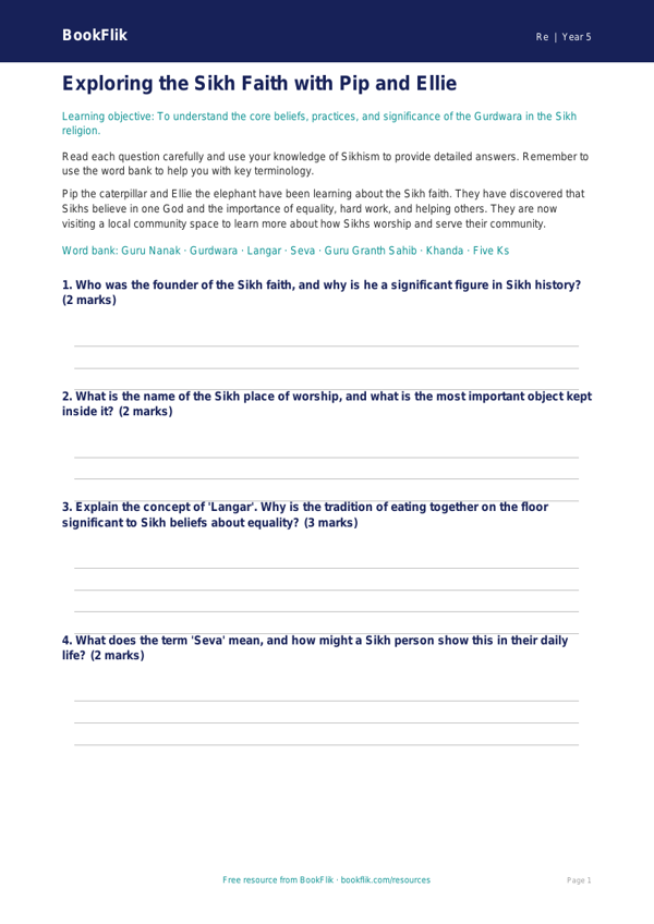 Free Sikhism Worksheet | Year 5 | Religious Education | BookFlik worksheet preview — Re Sikhism