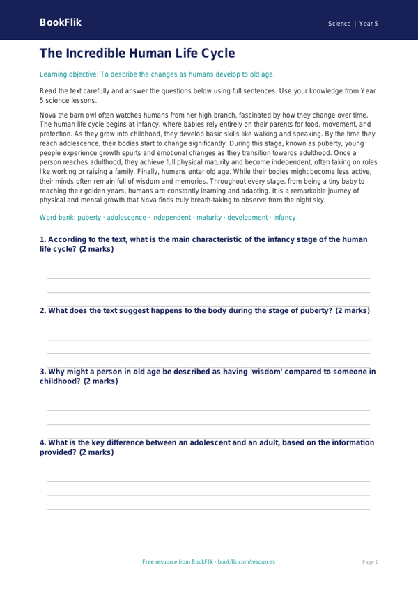Free Animals Including Humans Comprehension | Year 5 | Science | BookFlik worksheet preview — Science Animals Including Humans