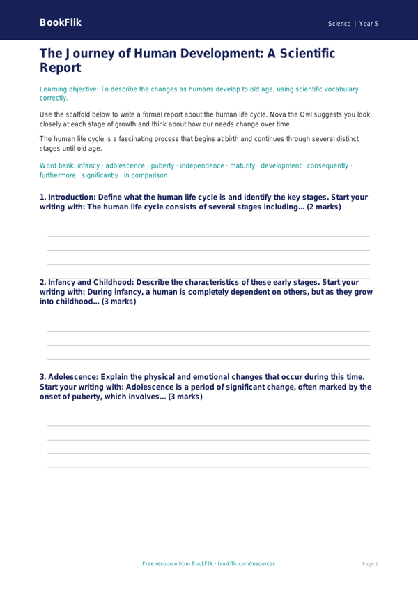 Animals Including Humans Writing Frame | Year 5 Science | BookFlik worksheet preview — Science Animals Including Humans