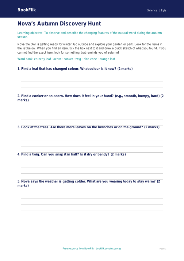 Free Autumn Science Activity Sheet | Foundation | Science | BookFlik worksheet preview — Science Autumn Science