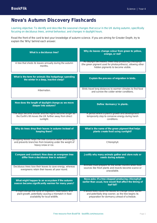 Free Autumn Science Flashcards | Year 4 | Science | BookFlik worksheet preview — Science Autumn Science