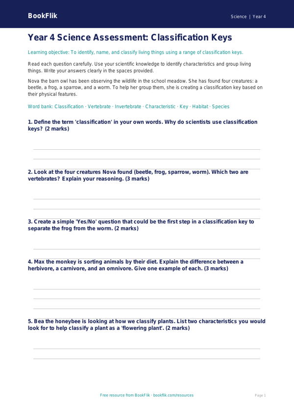 Free Classification Keys Assessment | Year 4 | Science | BookFlik worksheet preview — Science Classification Keys