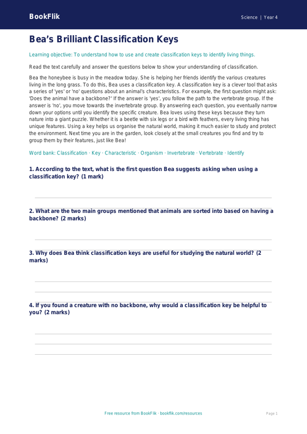 Free Classification Keys Comprehension | Year 4 | Science | BookFlik worksheet preview — Science Classification Keys