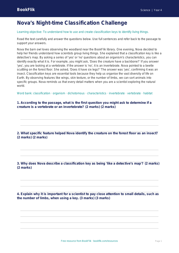 Free Classification Keys Comprehension | Year 4 | Science | BookFlik worksheet preview โ Science Classification Keys
