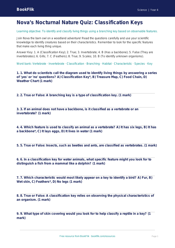 Free Classification Keys Quiz | Year 4 | Science | BookFlik worksheet preview — Science Classification Keys