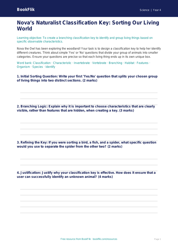 Free Classification Keys Template | Year 4 | Science | BookFlik worksheet preview — Science Classification Keys