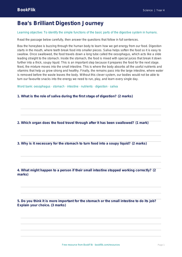 Free Digestion Comprehension | Year 4 | Science | BookFlik worksheet preview — Science Digestion