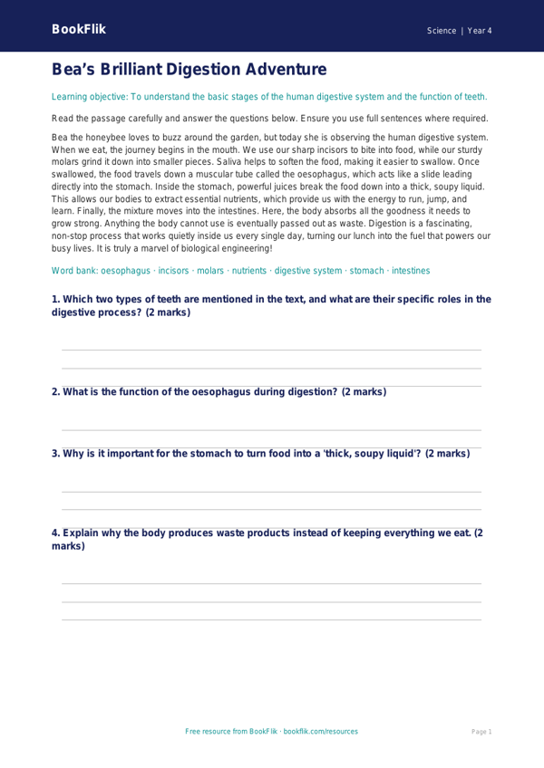 Free Digestion Comprehension | Year 4 | Science | BookFlik worksheet preview — Science Digestion