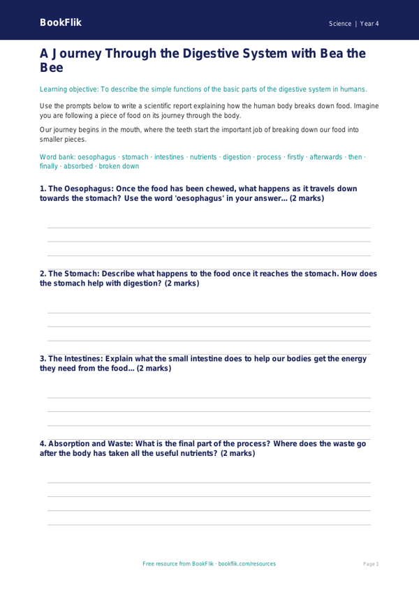 Free Digestion Writing Frame | Year 4 | Science | BookFlik worksheet preview — Science Digestion