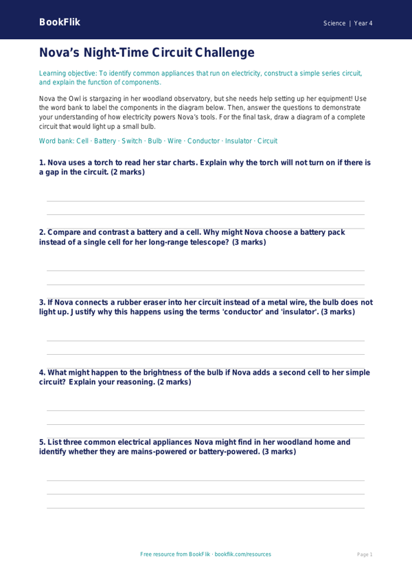 Free Electricity Activity Sheet | Year 4 | Science | BookFlik worksheet preview — Science Electricity
