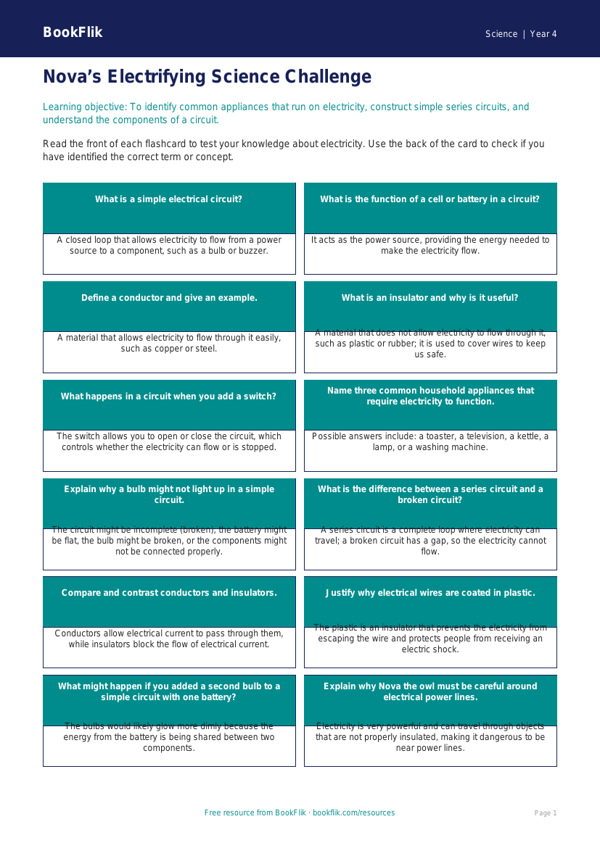 Electricity Flashcards Year 4 Science | Australian Curriculum | BookFlik worksheet preview — Science Electricity
