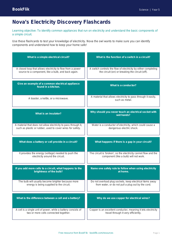 Free Electricity Flashcards | Year 5 | Science | BookFlik worksheet preview — Science Electricity